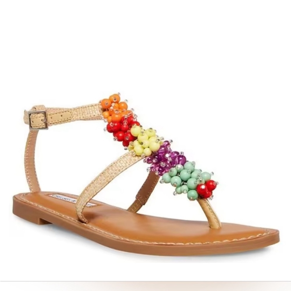 Chelsea & Violet Ella Rainbow Bead Embellished T-Strap Flat Sandals